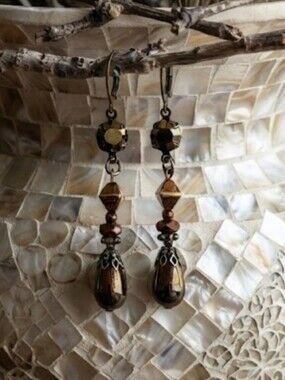 Victorian Metallic Brown Crystal & Glass In Rustic Antique Bronse Earrings